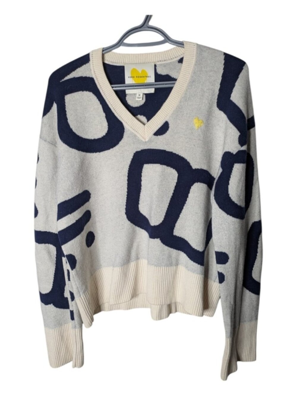 Kerri Rosenthal Wool V Neck Abstract Sweater Cream/Grey/Navy/Yellow Size Medium